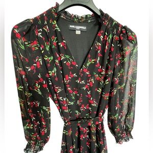 Karl Lagerfeld Black Red Floral Chiffon Midi Dress Size 10